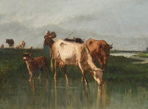 Antonio Cortés y Aguilar (1827-1908) - Cows drinking from a puddle