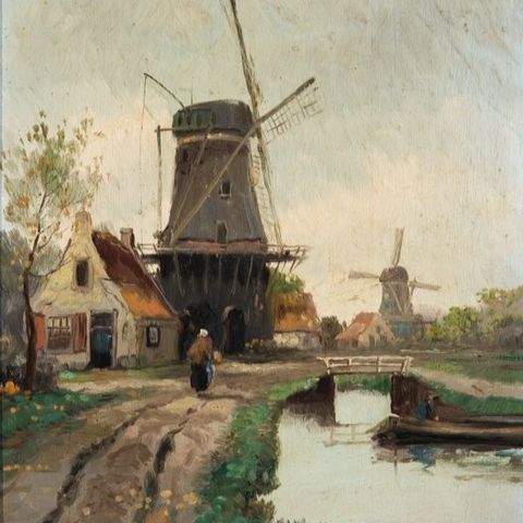 Hein Burgers (1834-1899) - Hollands Landschap met Molens en Bootjes