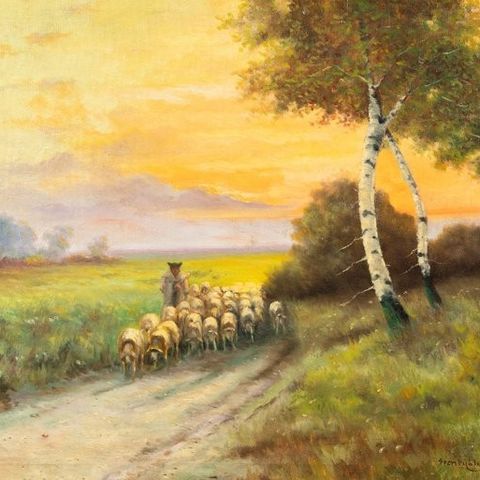 British school (XIX) - Landscape with flock at sunset