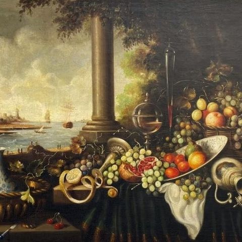 European School (XVIII) - Still life with seascape and classical columns