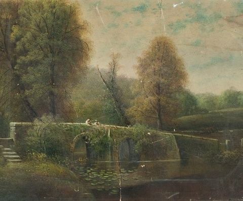 European school (XX) - Landscape with small bridge and fishermen