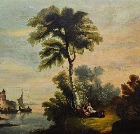 European School (XVIII) - Landscape with figures next to a lake