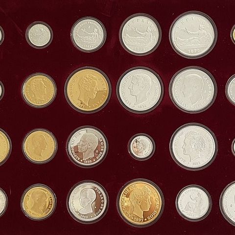 Spania. 24x coins History of the Peseta - 925 Sterling Silver and 24k Gold Plate