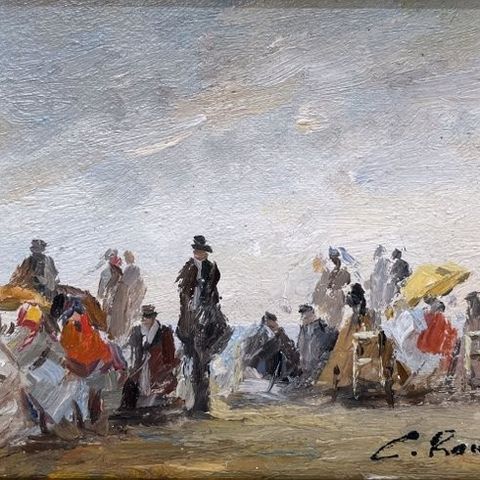 Camille Rousseau (1949-) - Deauville - Plage Animée sous le Ciel Nuageux_no rese