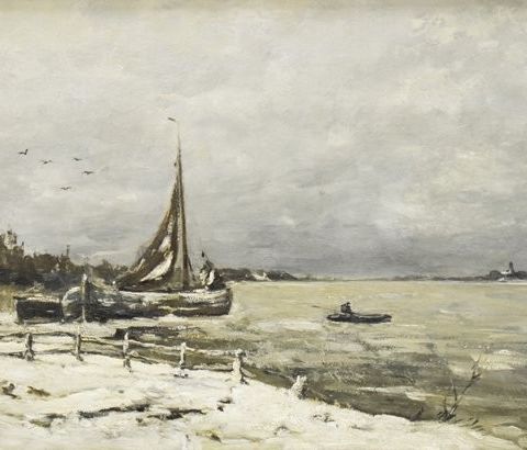 Louis Apol (1850-1936) - Gezicht op Dordrecht vanaf de oever van de Merwede