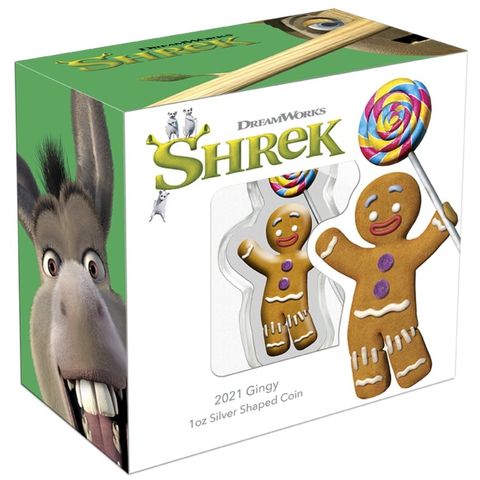 2021 Niue 1 oz Sølv Shrek  Gingy  BU Farger M/Etui & COA