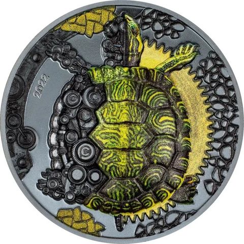 2022 Mongolia 3 oz Sølv Clockwork Evolution   Turtle HR Black Proof M/Etui & COA