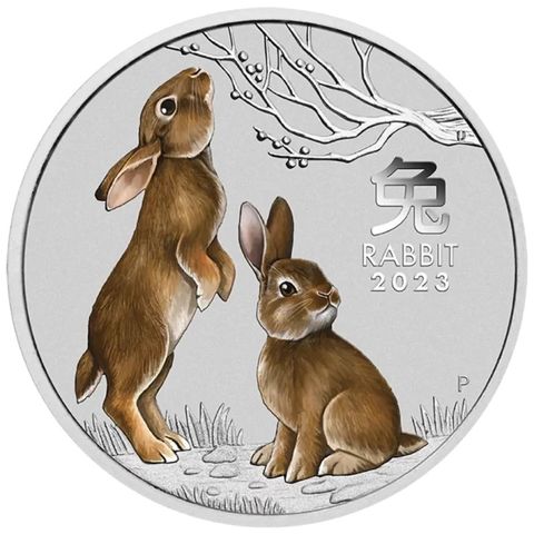 2023 Australia 5 oz Sølv Lunar S3 Year of the Rabbit Farget BU M/Kapsel  TILBUD