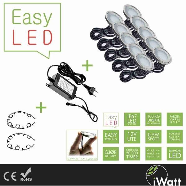 10x spotter LED utebelysning hage, fasade, terrasse, Ø 5 EasyLED Trapp Ø 3,5 cm 0,4 W EasyLED av iWatt