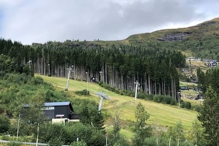 Utsikt fra hytten opp mot skitrekket, ca. 100 meter å gå til Express-heisen. Galleribilde