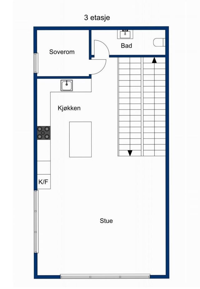 Planillustrasjon 3. etasje, stor (ca. 60 kvm) stue med spisestue med moderne åpen løsning mot kjøkken | gjestetoalett og soverom