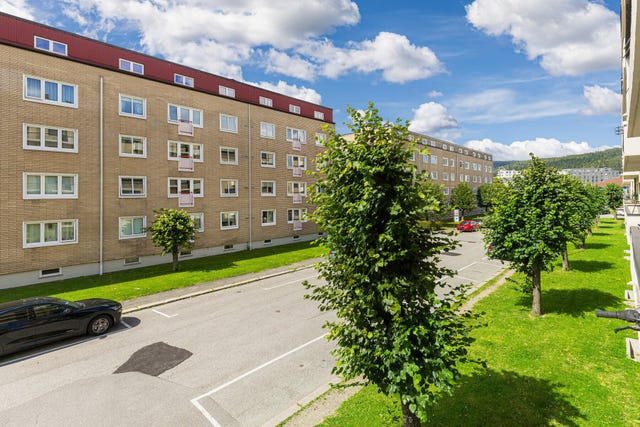 Hyggelig utsyn mot nærområdet med grønne fellesarealer og en åpen og luftig atmosfære.