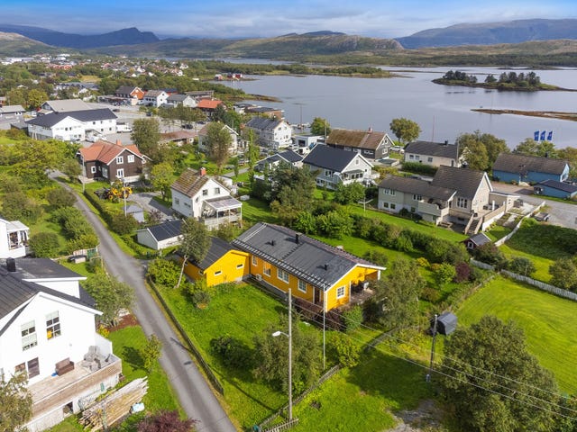 Tomten er opparbeidet med plen og diverse beplantning.