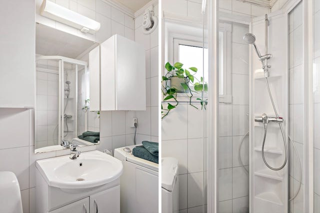 Badet er lyst og tidløst med en funksjonell utforming som dekker daglige behov på en praktisk måte, og det er opplegg for vaskemaskin og fuktstyrt vifte. Vaskemaskinen medfølger i handelen.