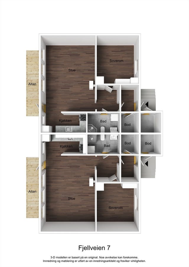3D planillustrasjon av hele tomannsboligen på ett plan.