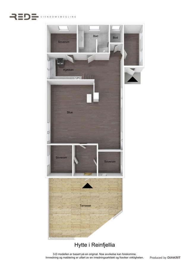 3D planskisse av 1.etasje. 2 hemser i tillegg.