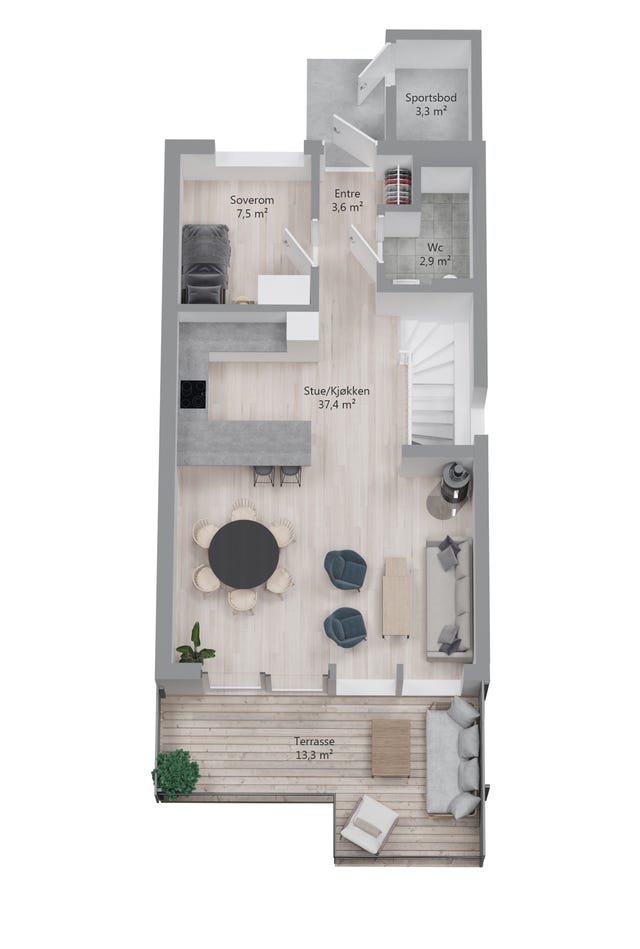 Plan hovedetasje | uteareal ved inngangspartiet og stor balkong