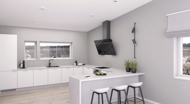 Illustrasjon kjøkken. Innredninger (kjøkken, bad og vaskerom) blir levert fra HTH. For øvrig er standard leveranse med klikkvinyl, smartpanel og arbor plater i de fleste rom (avvik fra illustrasjoner).