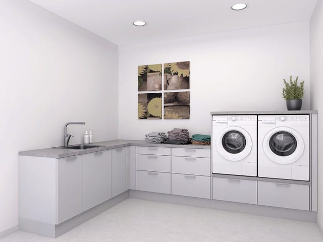 Illustrasjon vaskerom. Boligen leveres med balansert ventilasjon og oppføres iht. TEK 17. Oppvarming med varmekabler, varmepumpe og vedovn.