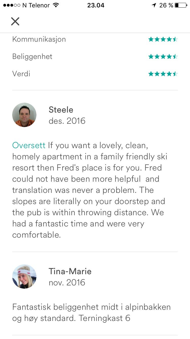 Tilbakemeldinger fra gjester har vært utelukkende positive. Her et utdrag fra Airbnb Galleribilde