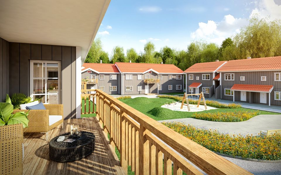 Utsikten fra 2etg. Lundbo. Bygg 1. Mot tunet. sør til vest. Bygg 3 til høyre. Bygg 2 rett frem.