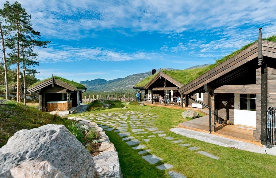 Hyttetunet i dagslys.Mer busker og blomster nå. Galleribilde