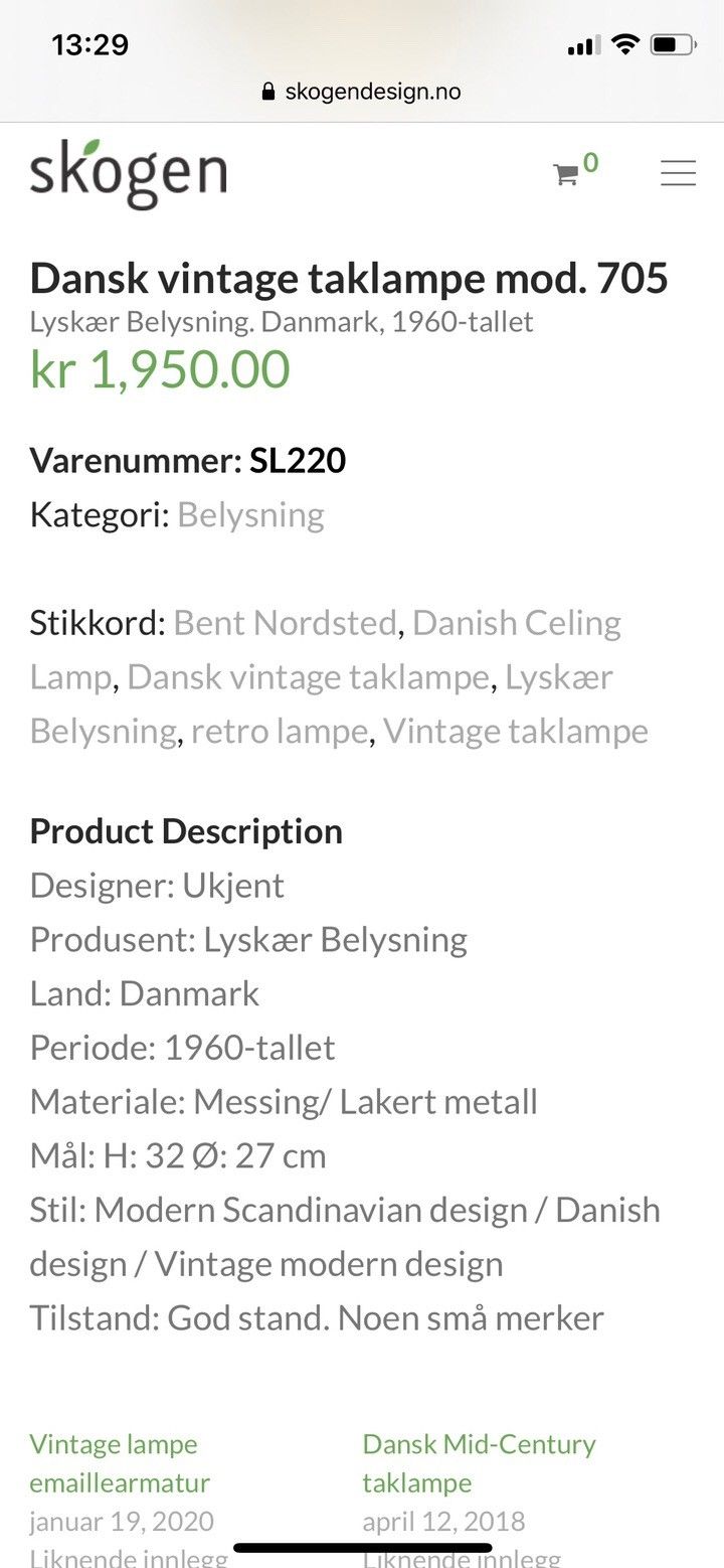 Dansk vintage taklampe | FINN.no Dansk vintage taklampe mod. 705 – Skogen Design