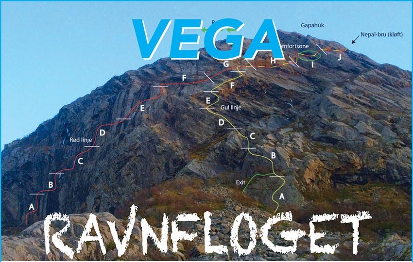 Illustrasjon: Vegatrappa og Via ferrata-løype helt vest på øya ved Ravnfloget Galleribilde