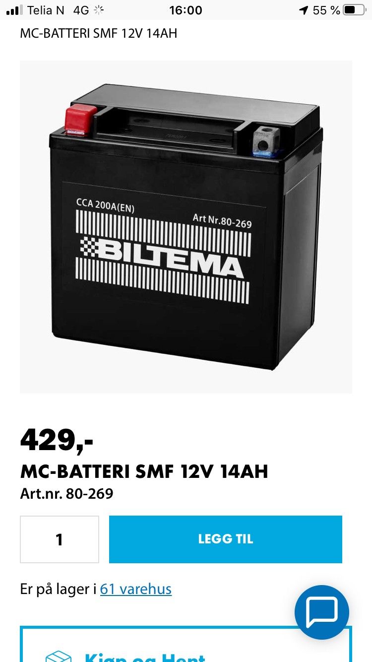 Mc batteri | FINN.no MC BATTERI SMF 12V 14AH Biltema.no