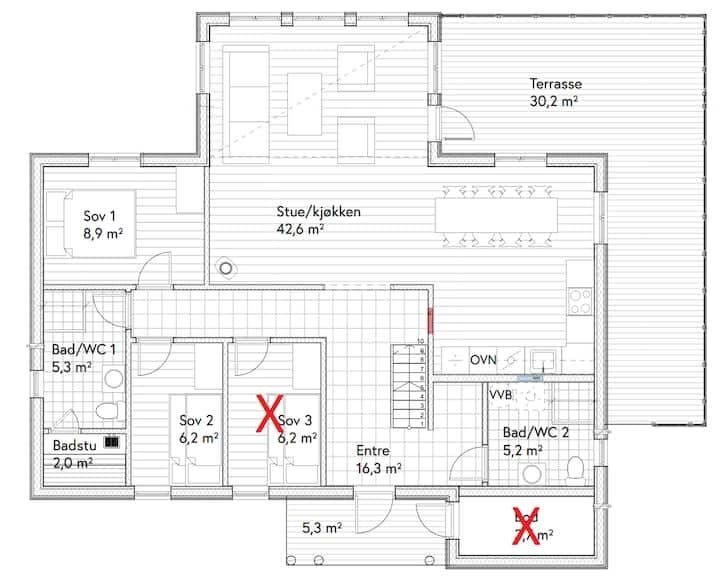 Rom merket med rødt kryss er i utgangspunktet utilgjengelig for leietaker Galleribilde