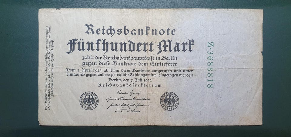 Tysk 500 Mark (1922) Reichsbanknote Seddel | FINN-torget
