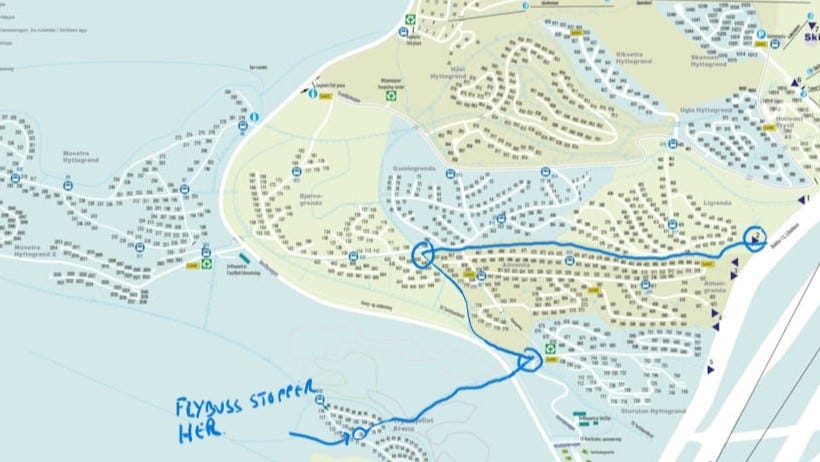 Kart hytteområde med markering av ski-inn (1 av mulighetene Galleribilde