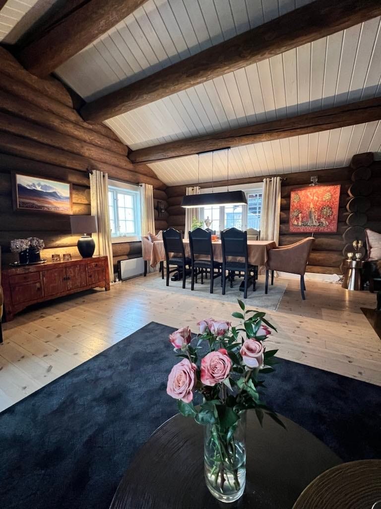 Stemningsfull stue med høyt under taket. Galleribilde