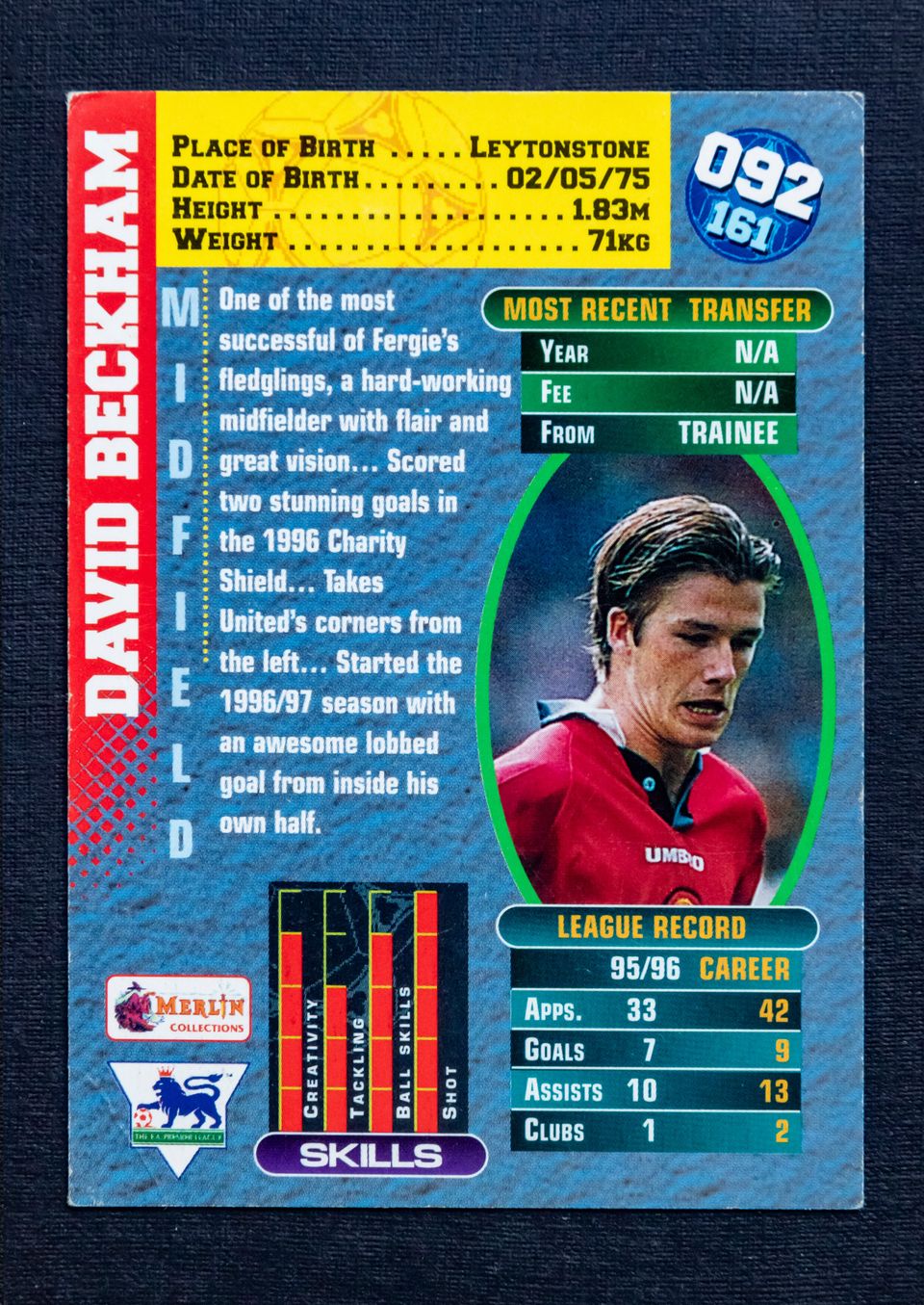 David Beckham No. 092 Rookie - Merlin Premier Gold 1996-97