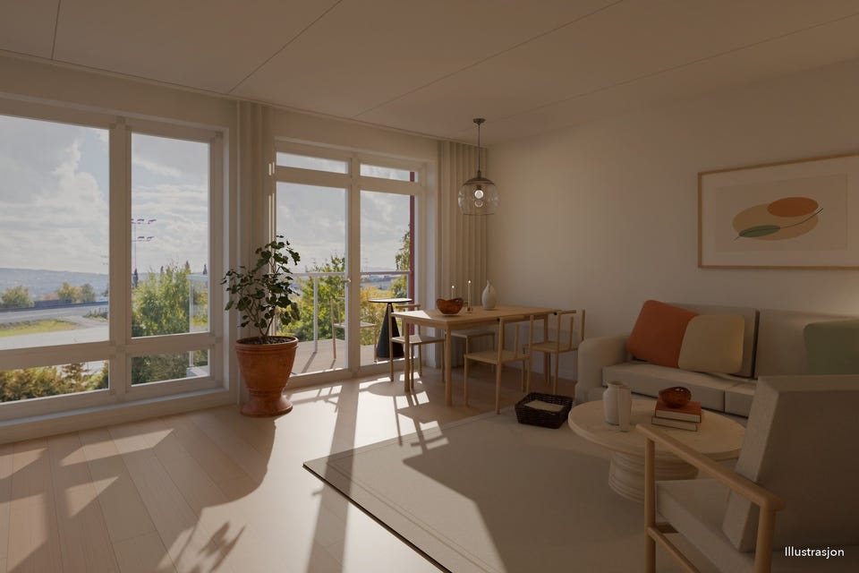 Illustrasjon: stue og spiseplass mot balkongen. Møblering følger ikke med.