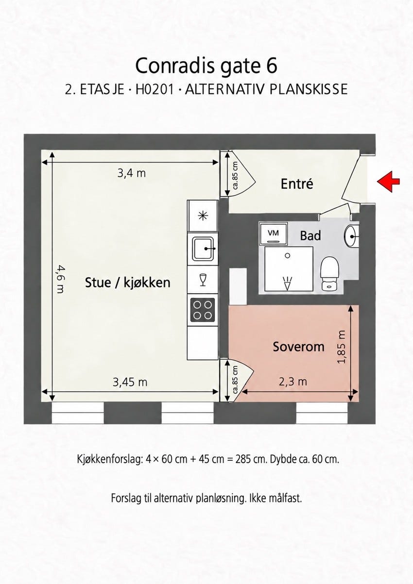 Forslag til alternativ planløsning med kjøkken i stuen og soverom i dagens kjøkkenrom.