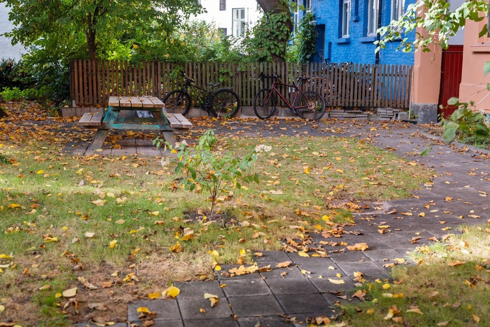Felles gårdsrom med sitteplass, beplantning og sykkelparkering mellom bygårdene.