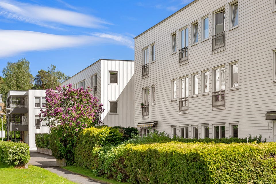 Fellesarealer med pent opparbeidet med gressplen, diverse beplantning og asfalterte internveier.