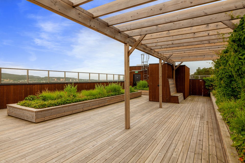 Som beboer har du også tilgang til felles fasiliteter som takterrasse, sykkelbod og smørebod.