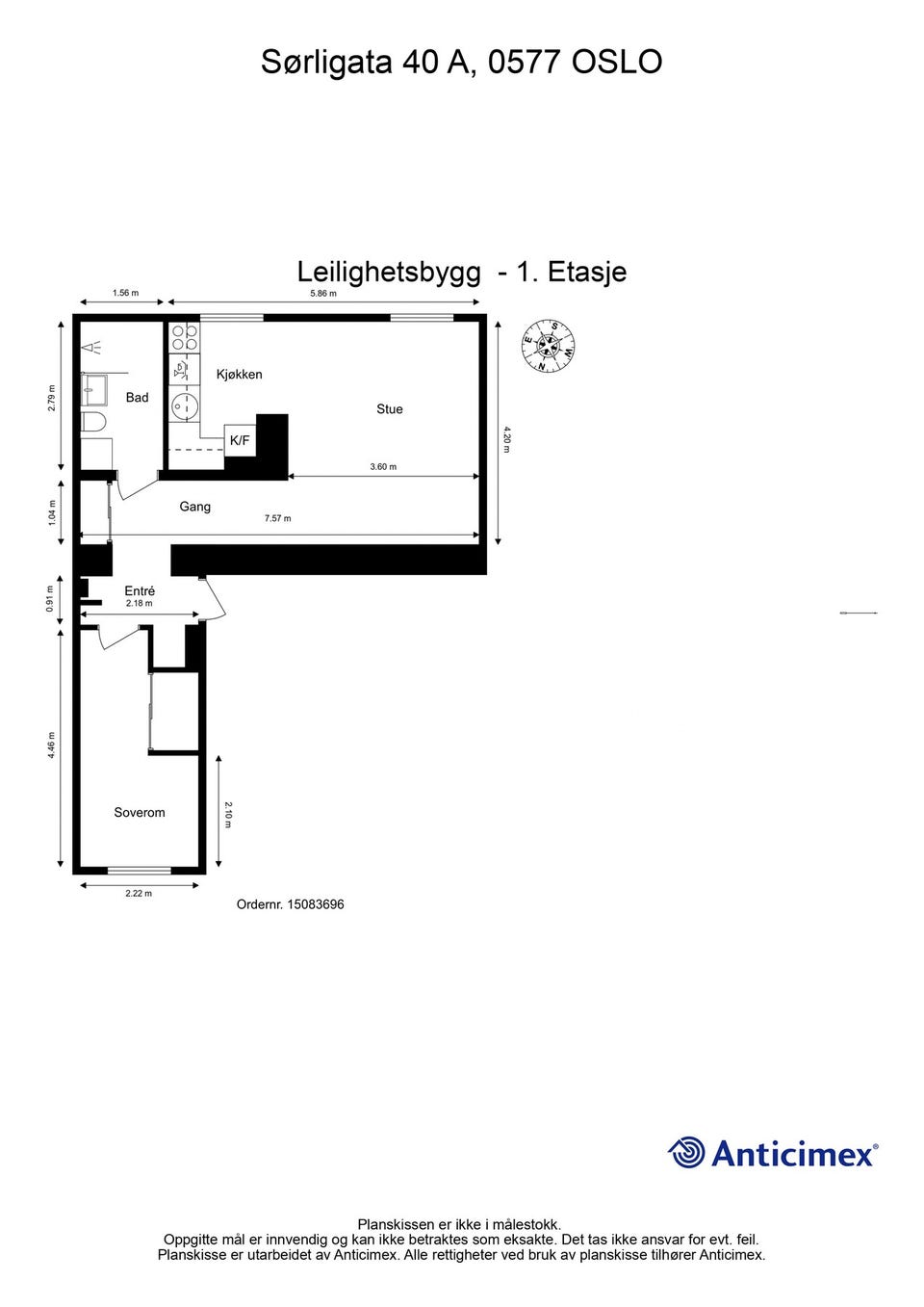 Plantegning. I tillegg disponerer leiligheten en kjellerbod på ca. 5m² og en loftsbod med gulvareal på ca. 4m².
