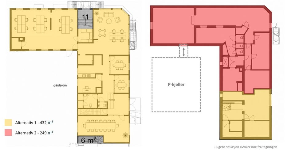 Planskisse 1. etasje og kjeller - Kontorlokaler med åpne landskap, møterom, kjøkken, toalett/dusj og arkiv/lager.