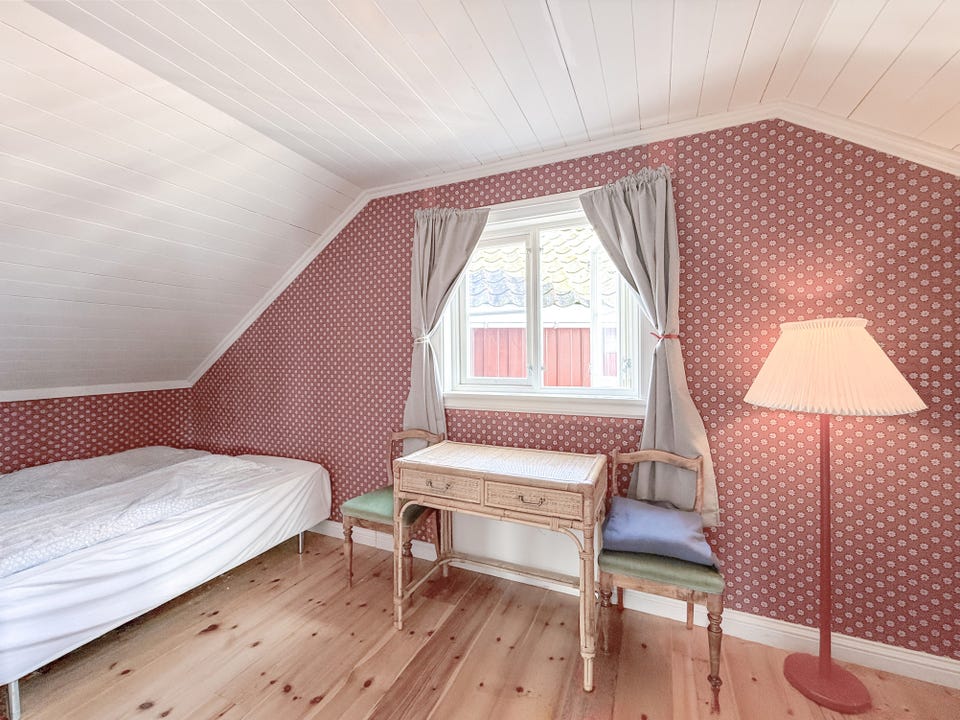 Soverom med skråtak, dobbeltseng og plass til skrivebord eller kommode