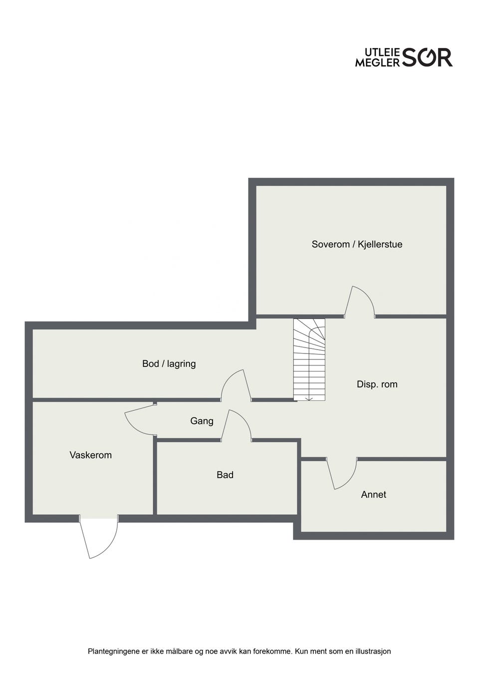 Plantegning av underetasjen med soverom/kjellerstue, bad, vaskerom, bod og disponible rom