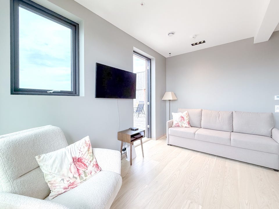 Stuedel med sofa, TV og utgang til uteområdet.