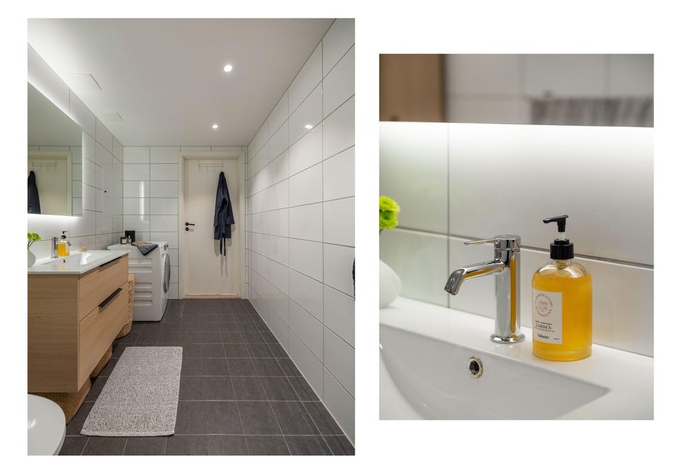Baderommet er også utstyrt med dusjhjørne med innfellbare glassdører og vegghengt toalett. I hjørnet er det plass og opplegg for vaskemaskin og tørketrommel om ønskelig.