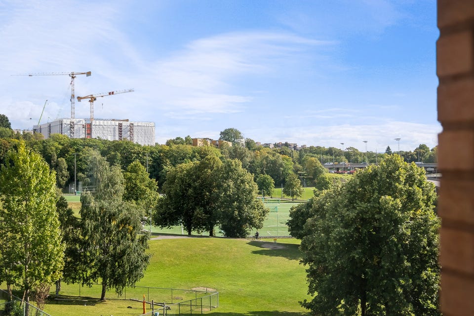 Det er flott utsikt over nærområdet fra stuen.