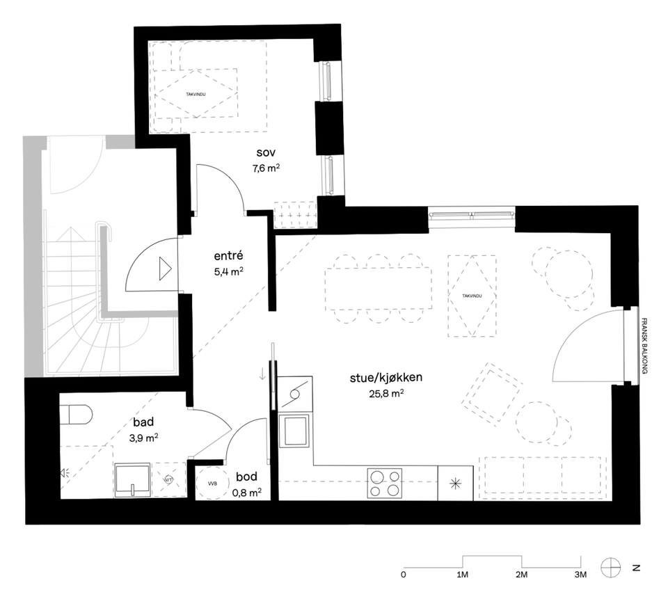 Utsnitt av plantegning - leilighet 4, andel 15. Se foregående bilde for arealoversikt og øvrige tegningsopplysninger.