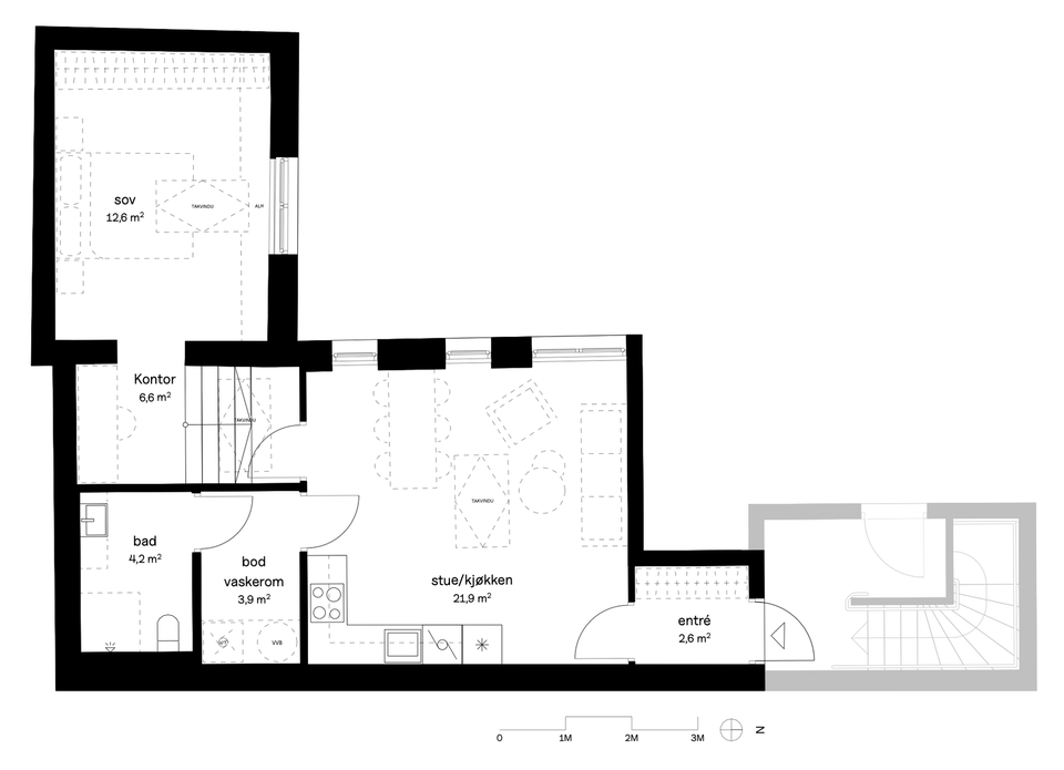 Utsnitt av plantegning - leilighet 5, andel 16. Se foregående bilde for arealoversikt og øvrige tegningsopplysninger.