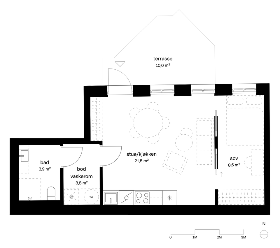 Utsnitt av plantegning - leilighet 2, andel 13. Se foregående bilde for arealoversikt og øvrige tegningsopplysninger.
