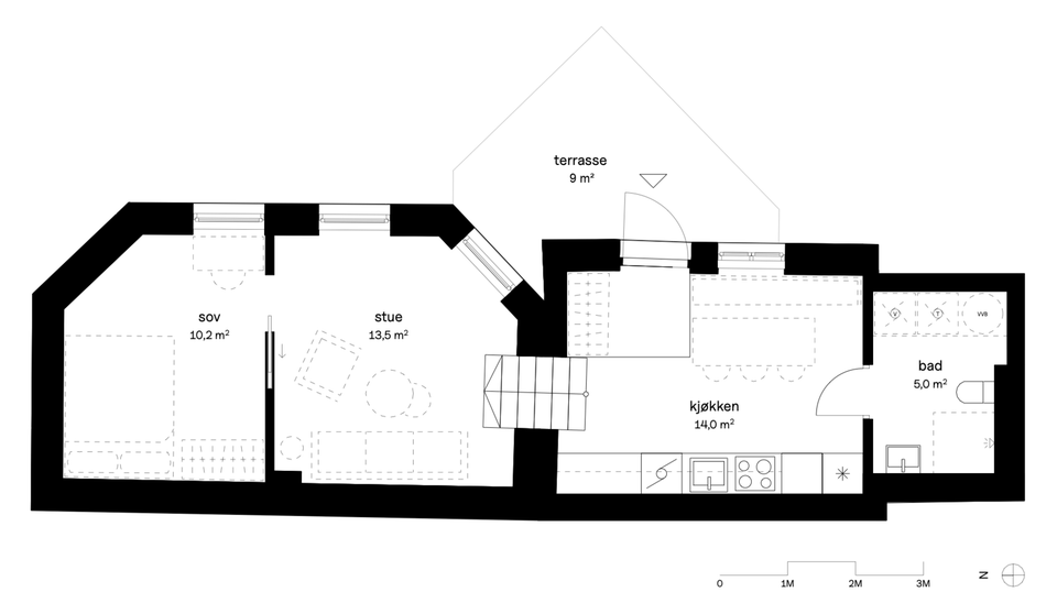 Utsnitt av plantegning - leilighet 3, andel 14. Se foregående bilde for arealoversikt og øvrige tegningsopplysninger.